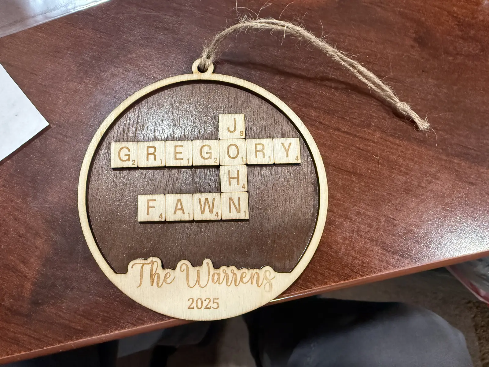 Personalized wooden word-game ornament