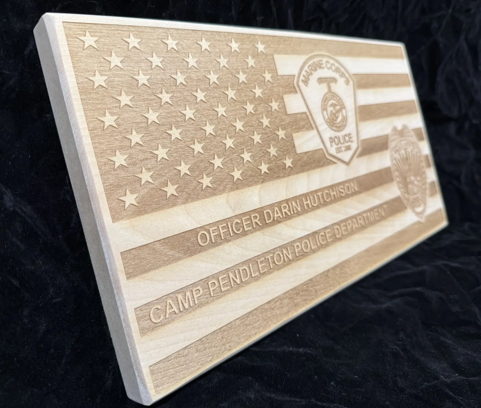 American flag engraved wood plaque