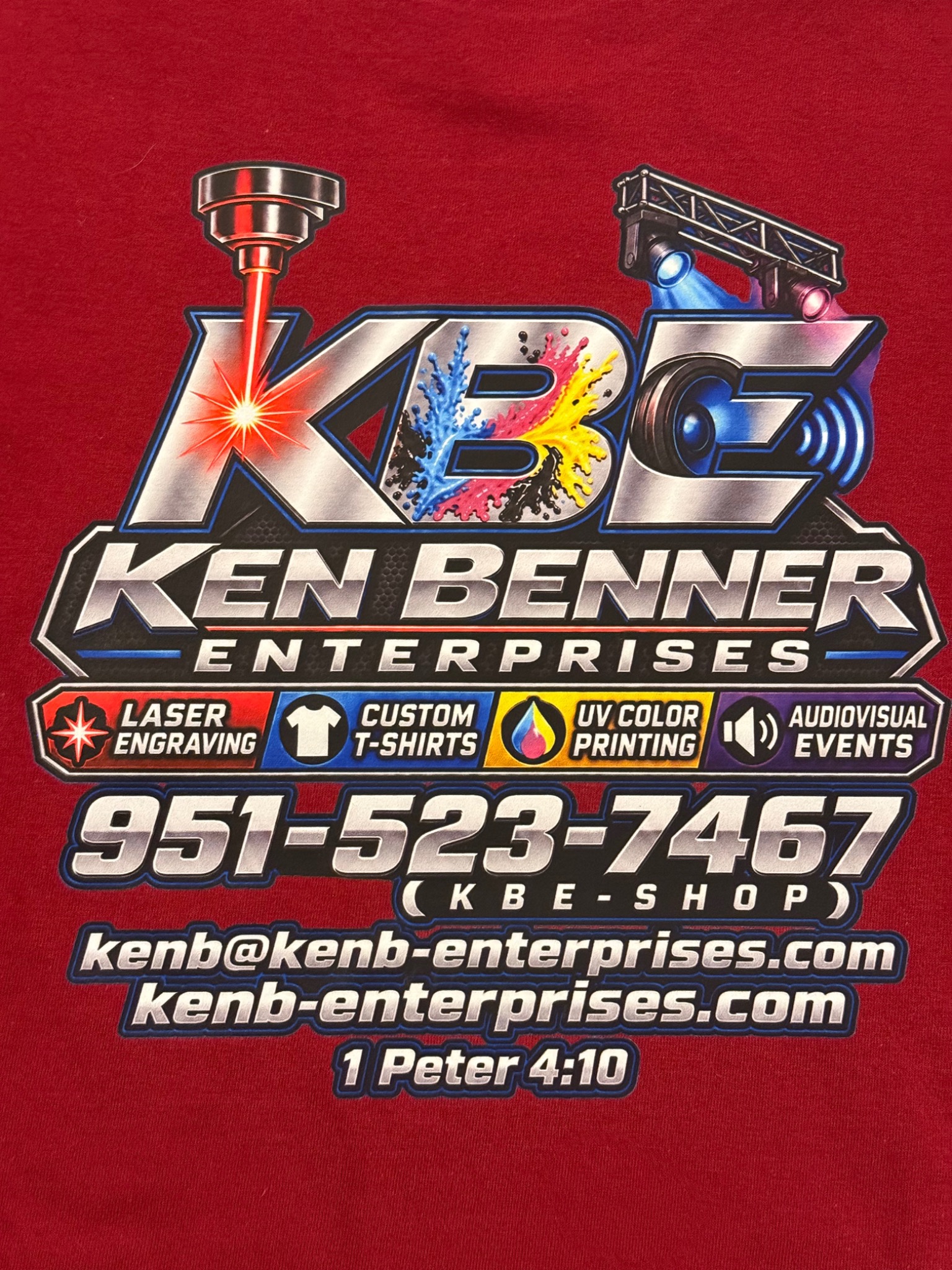 Ken Benner Enterprises full-color custom shirt print on red fabric, featuring services and 1 Peter 4:10